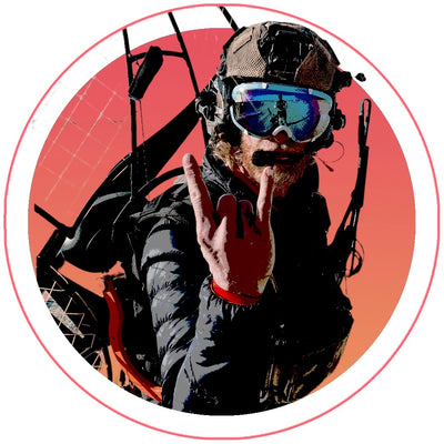 Pukana Paramotor Basic Training logo of paramotor pilot with a paramotor on his back holding up a rock and roll gesture